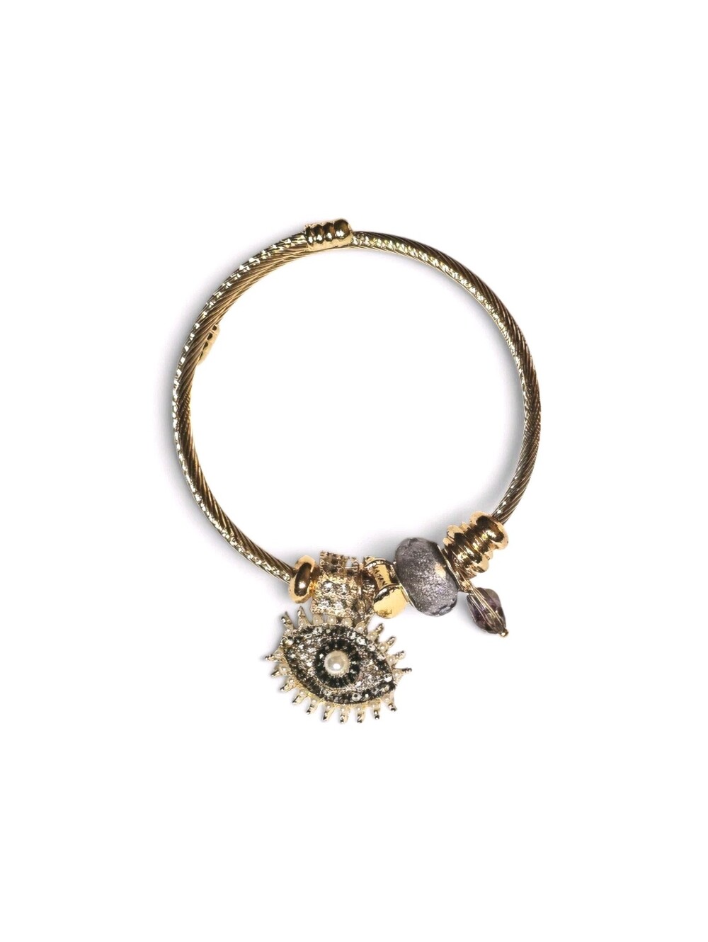 Sparkling Gold Evil Eye Charm Bangle Cable Cuff Bracelet Adjustable Steel
